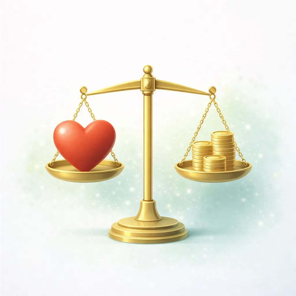 Balanced scale with heart and coins representing prioritizing health over profits
