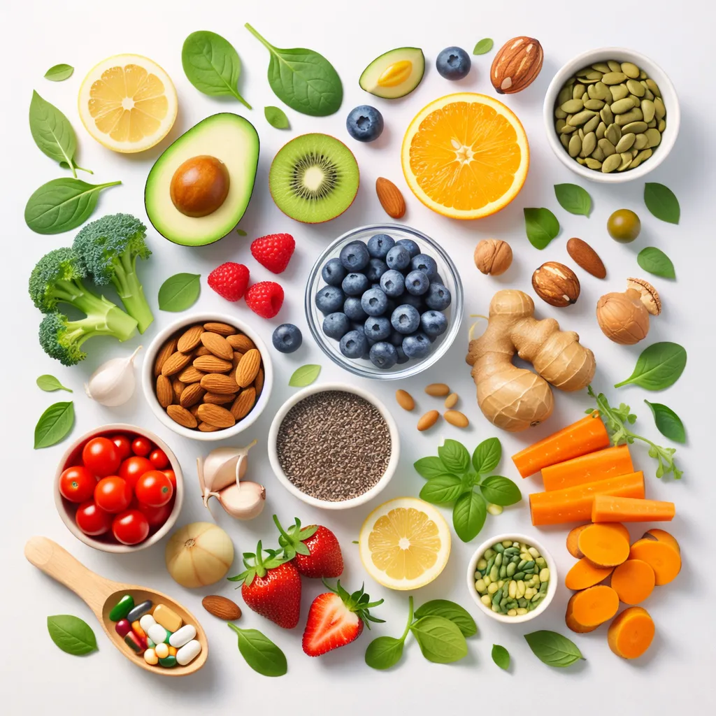 Natural ingredients including fruits, vegetables, and supplements representing nutrition coverage