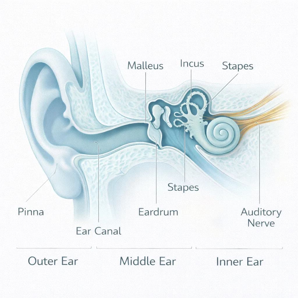 Cross-section diagram of human ear anatomy showing outer ear (pinna, ear canal), middle ear (eardrum, malleus, incus, stapes), and inner ear (cochlea, auditory nerve)