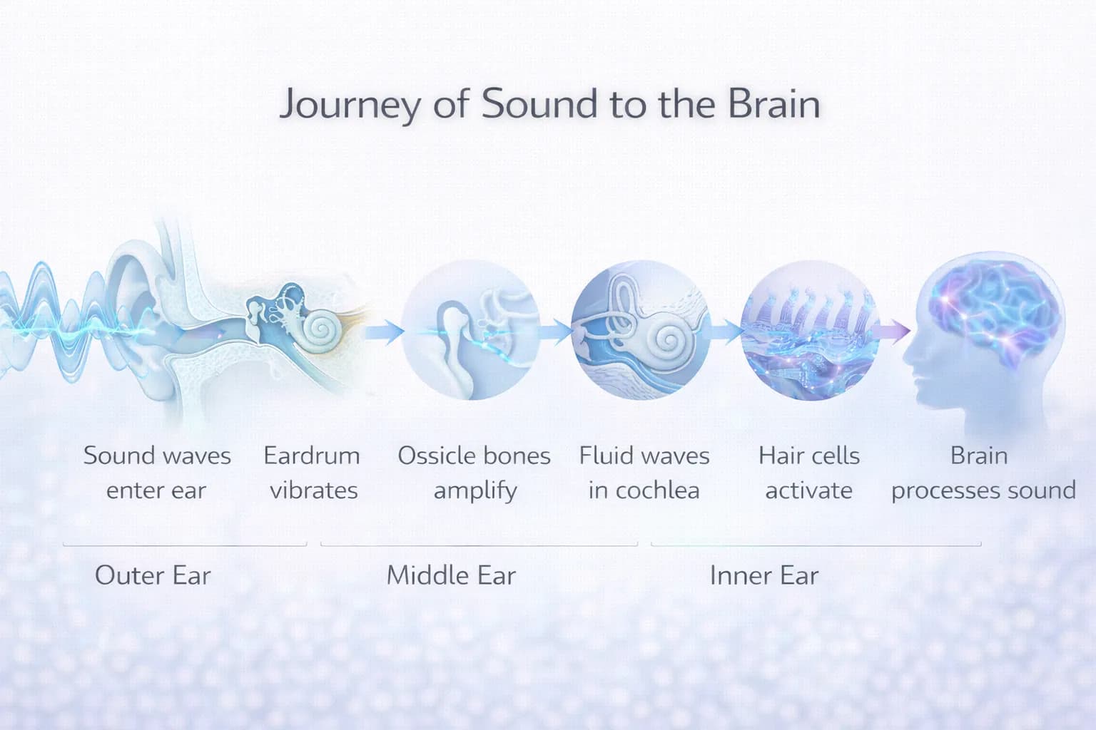 Infographic showing the 7 steps of hearing: sound wave collection, eardrum vibration, ossicle amplification, fluid wave creation, hair cell activation, neural transmission, and brain processing