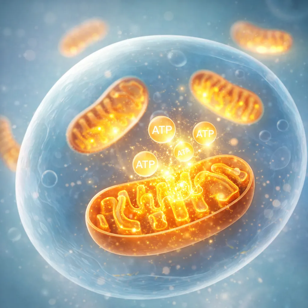 Scientific illustration of mitochondria inside a cell producing ATP energy particles