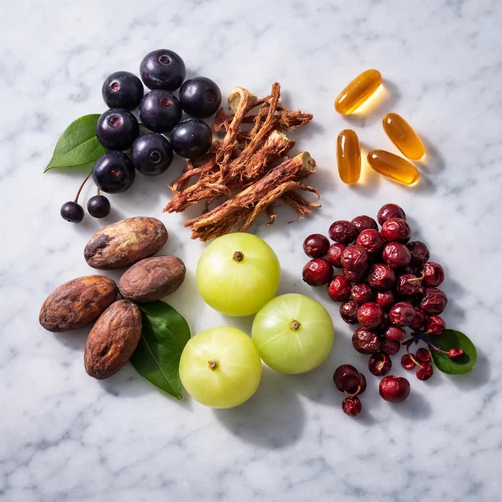 Natural metabolism supplement ingredients: maqui berries, rhodiola rosea, astaxanthin, amla, cacao, and schisandra arranged on white surface