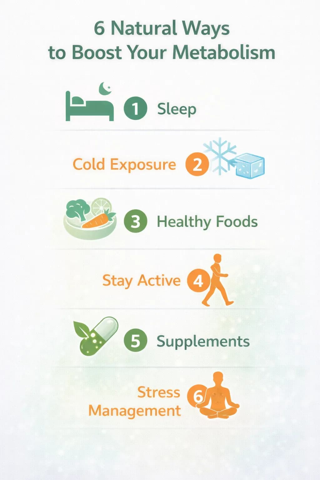 Infographic showing 6 natural metabolism boosters: Sleep, Cold Exposure, Nutrition, Movement, Supplements, and Stress Management