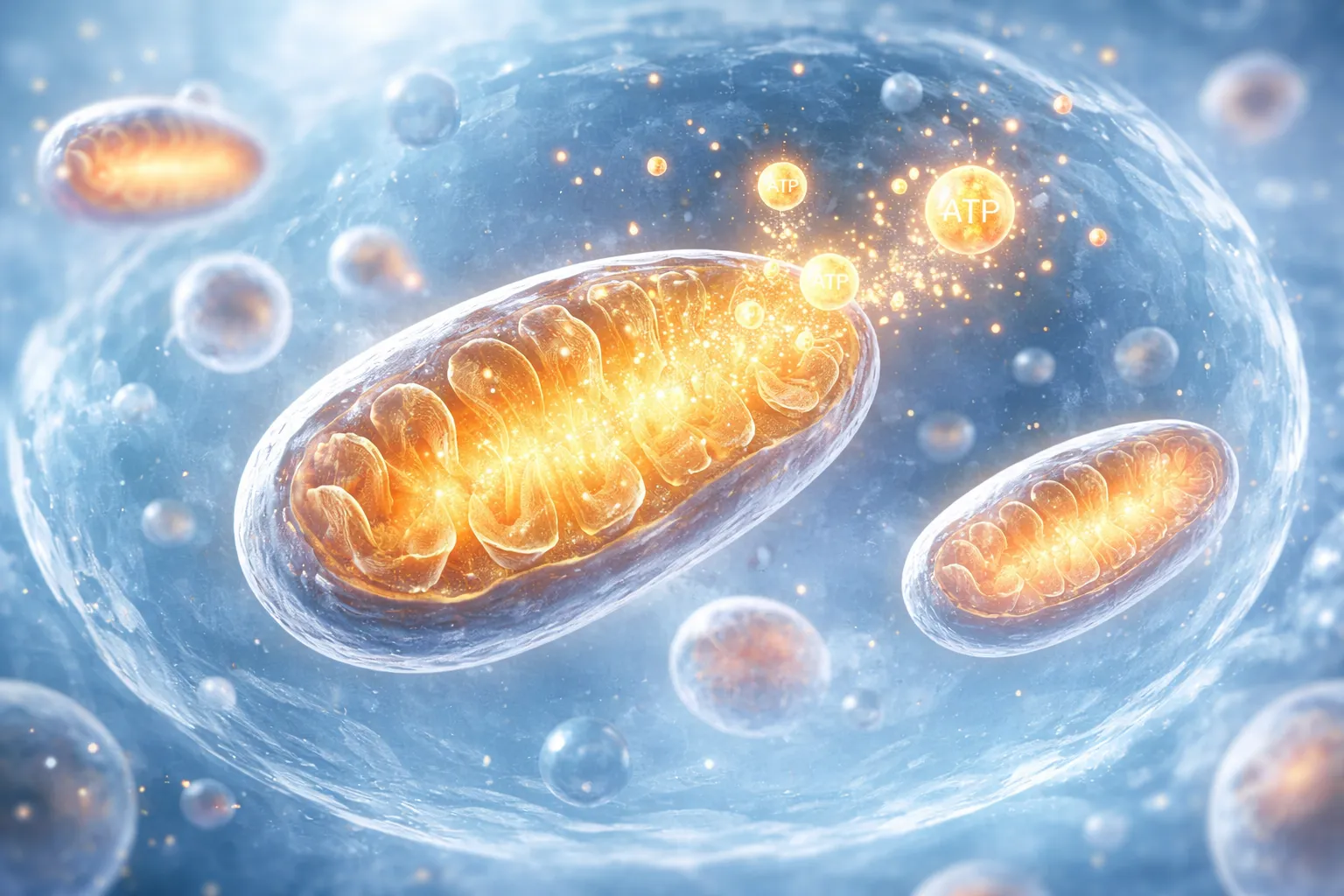 Glowing mitochondria inside a cell producing golden ATP energy particles