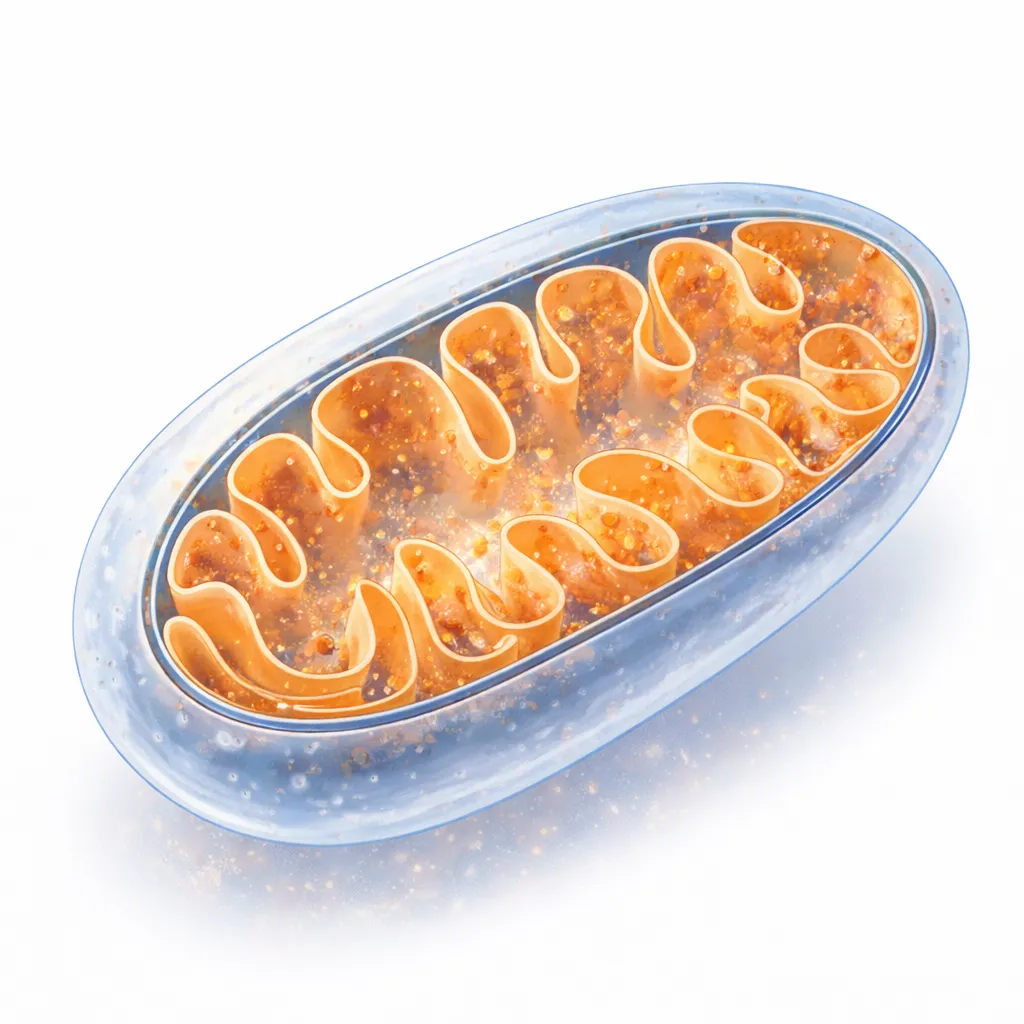 Cross-section diagram of mitochondrion showing double membrane, cristae folds, and matrix