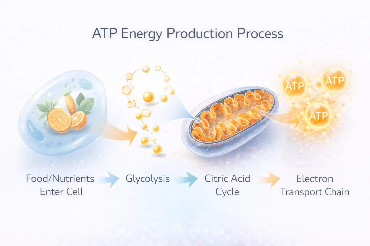 Infographic showing mitochondrial ATP energy production: nutrients entering cell, glycolysis, citric acid cycle, electron transport chain, and ATP synthesis