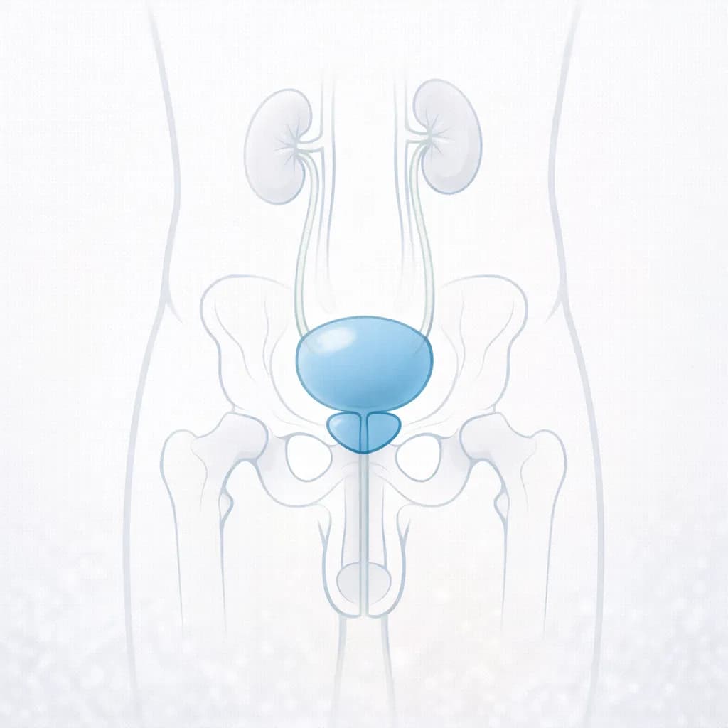 Medical illustration showing male urinary system with prostate gland highlighted