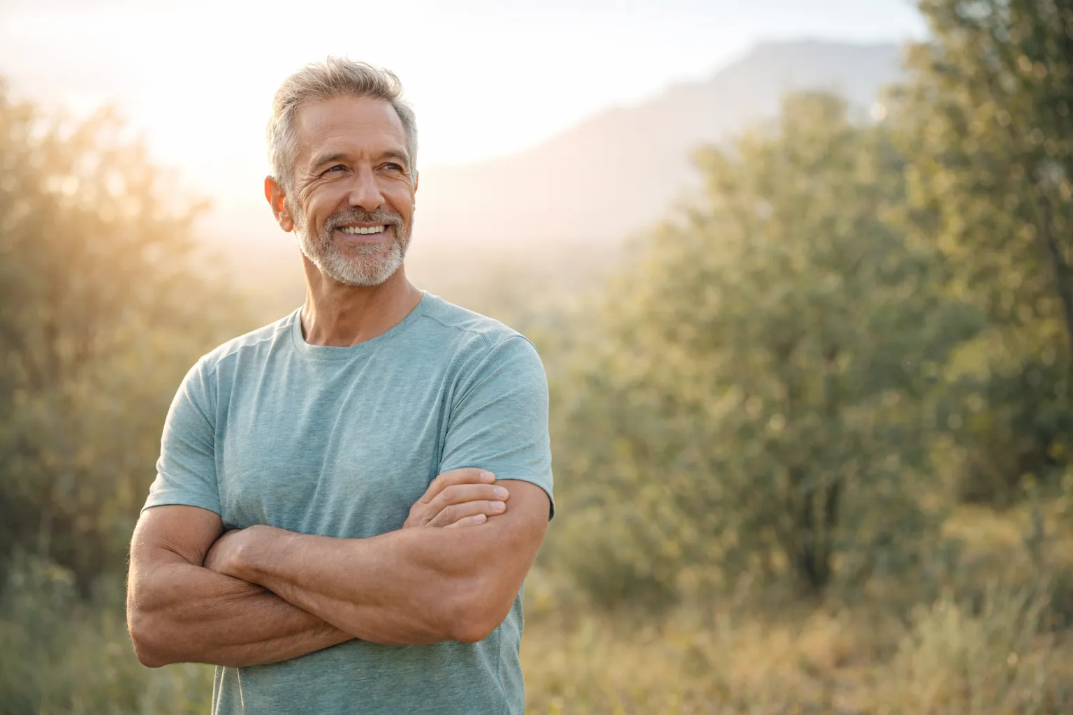 Confident healthy man in his 50s outdoors representing healthy aging and prostate wellness