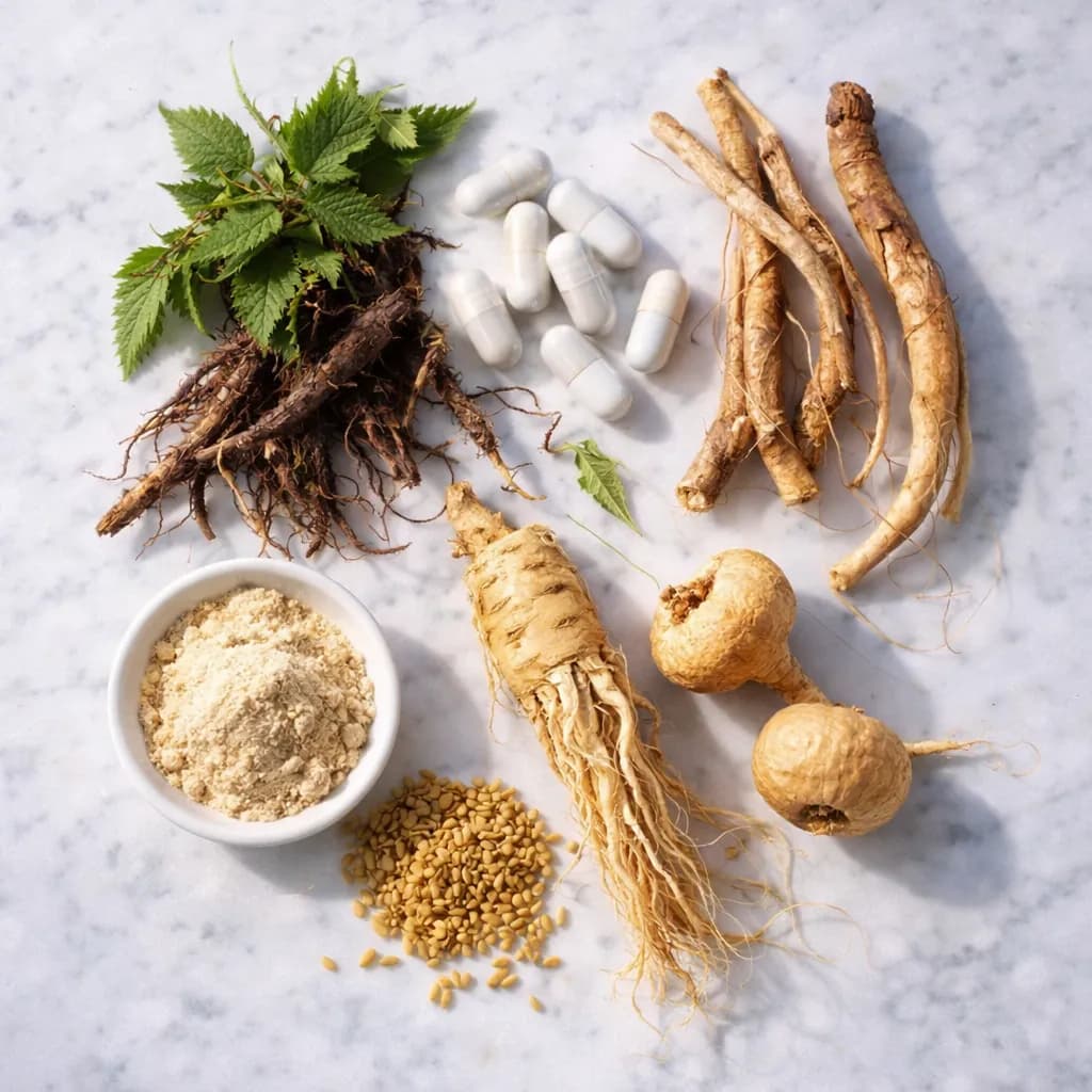 Natural prostate supplement ingredients: nettle root, zinc, tongkat ali, ashwagandha, ginseng, fenugreek, and maca root