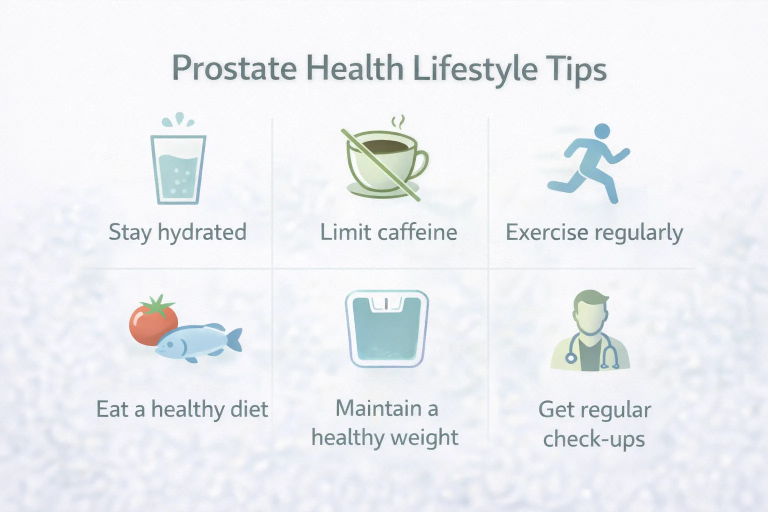 Lifestyle tips for prostate health: stay hydrated, limit caffeine and alcohol, exercise regularly, eat prostate-friendly foods, maintain healthy weight, get regular check-ups