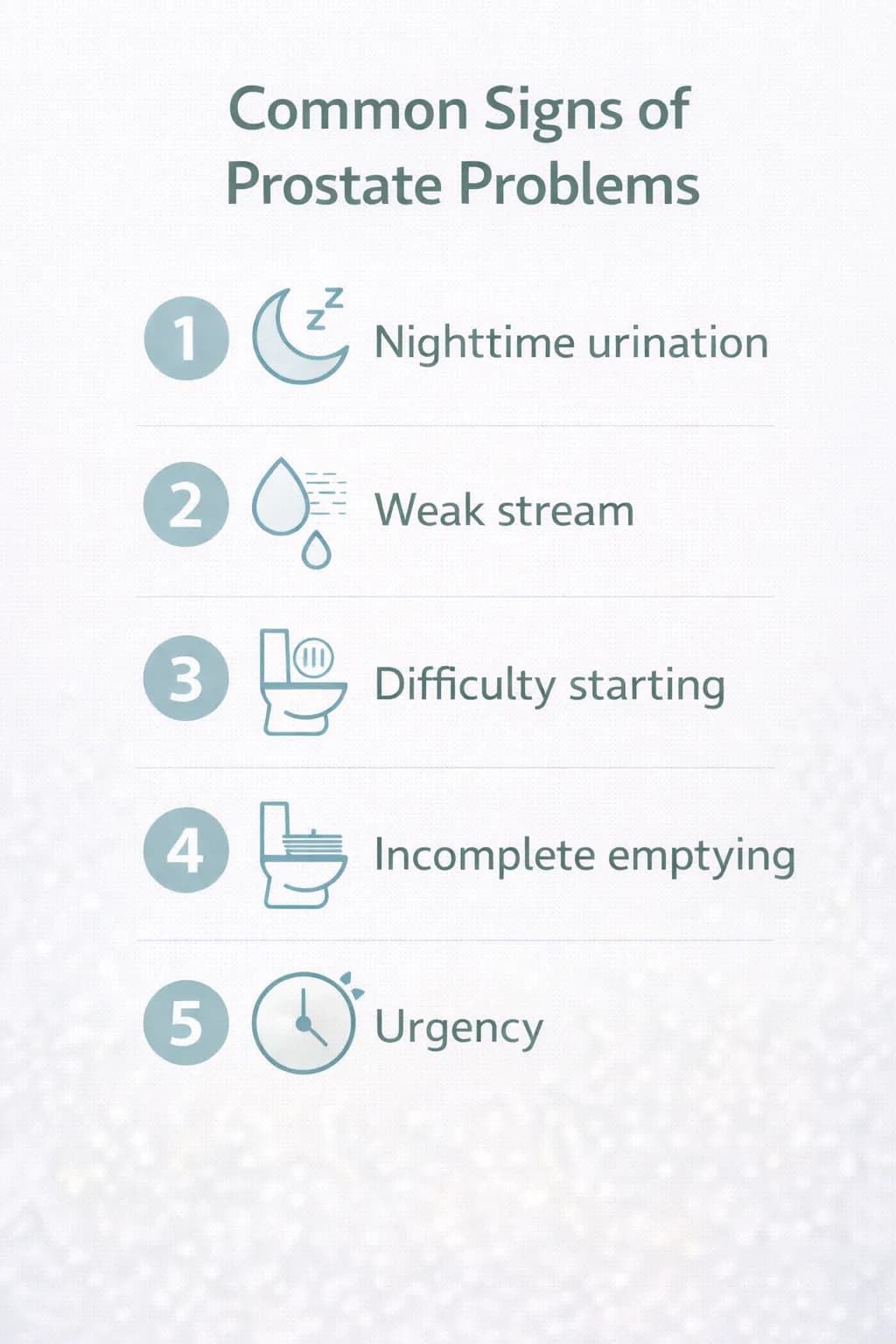 Infographic showing 5 common prostate symptoms: frequent urination, weak stream, difficulty starting, incomplete emptying, and urgency