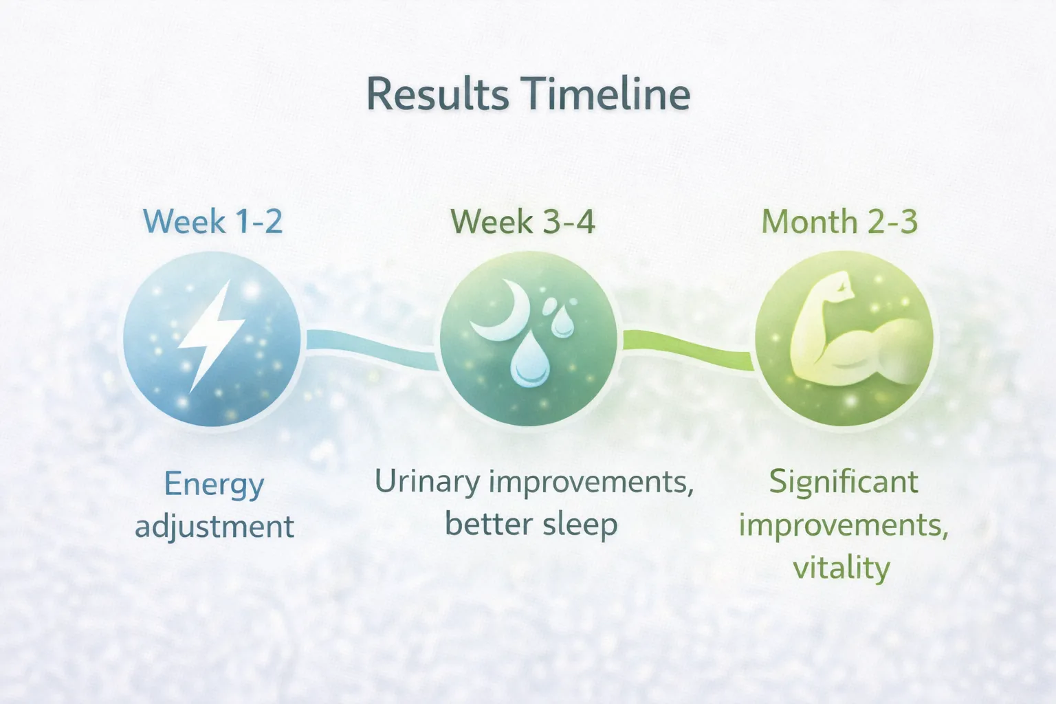 Results timeline: Week 1-2 energy adjustment, Week 3-4 urinary improvements and better sleep, Month 2-3 significant improvements in vitality