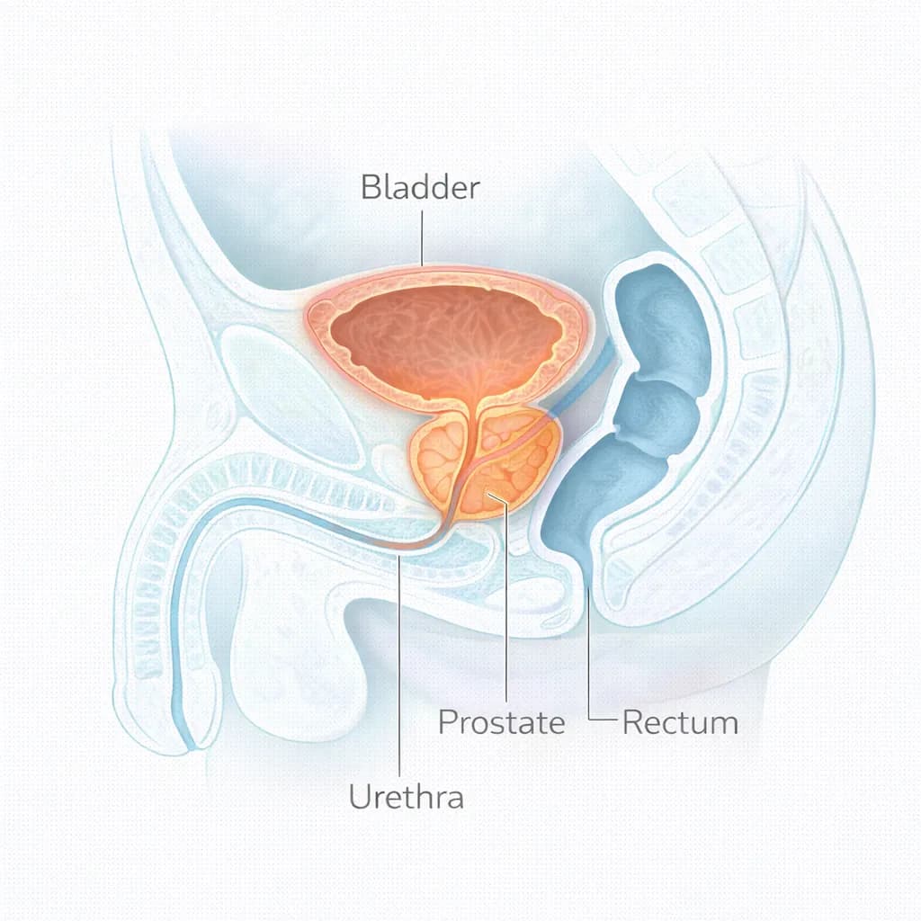 Anatomical diagram showing the prostate location in the male body