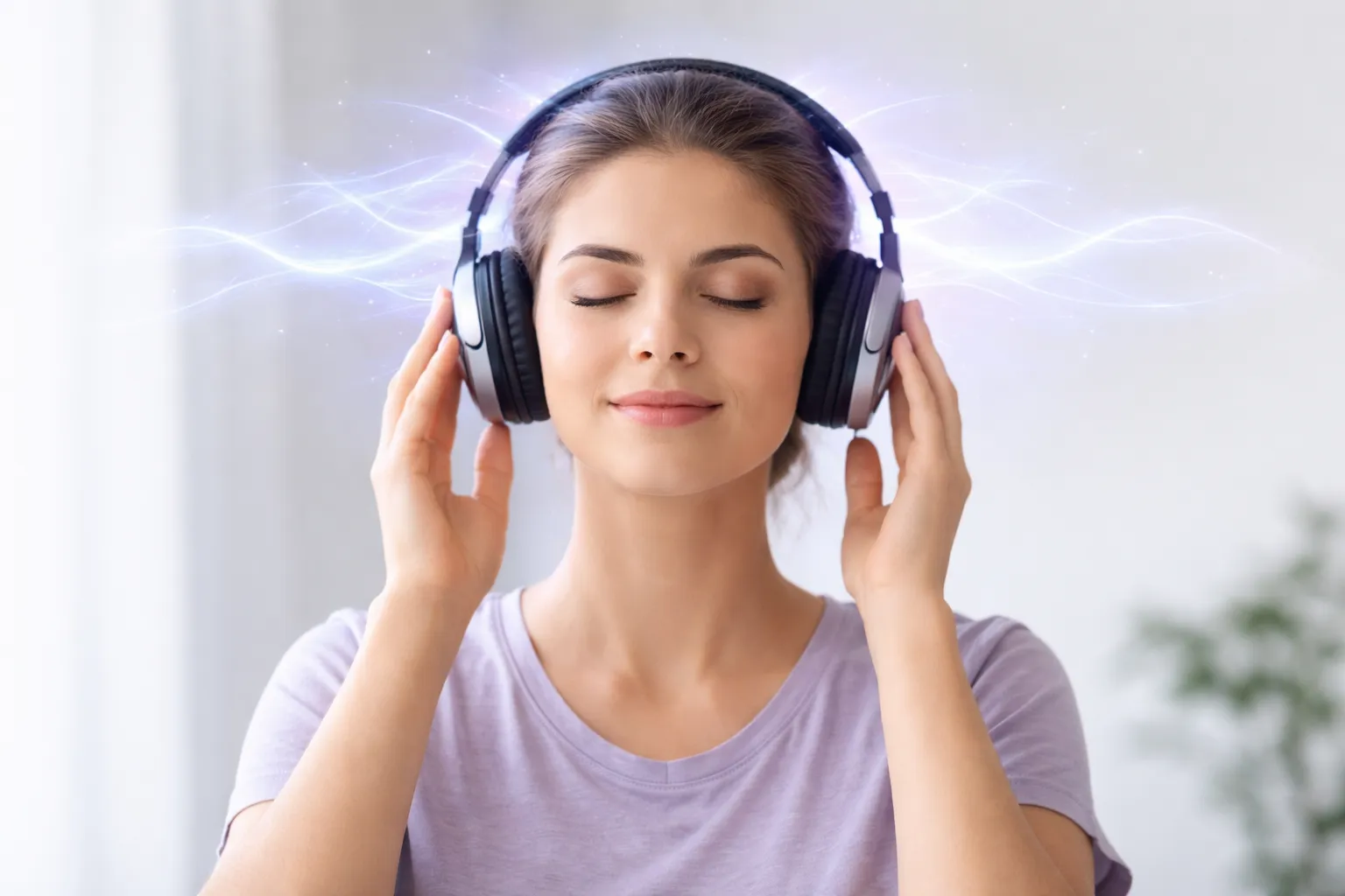 Person using The Genius Wave audio entrainment program with headphones