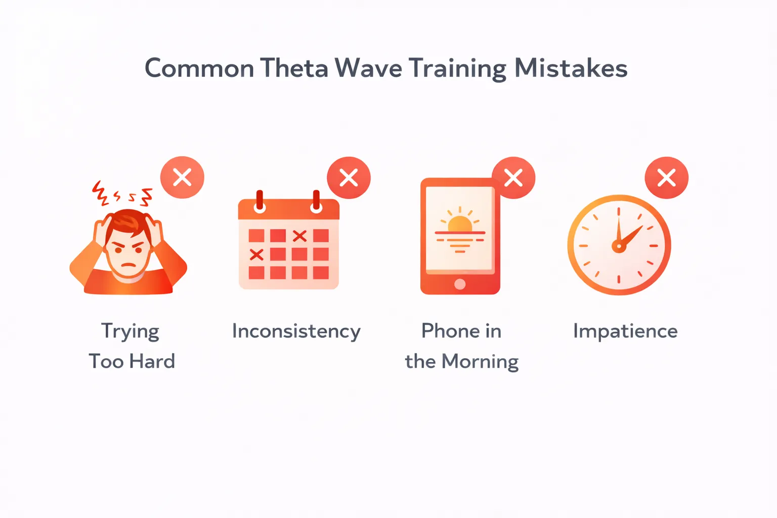 Common Theta wave training mistakes: trying too hard, inconsistency, morning phone use, expecting instant results