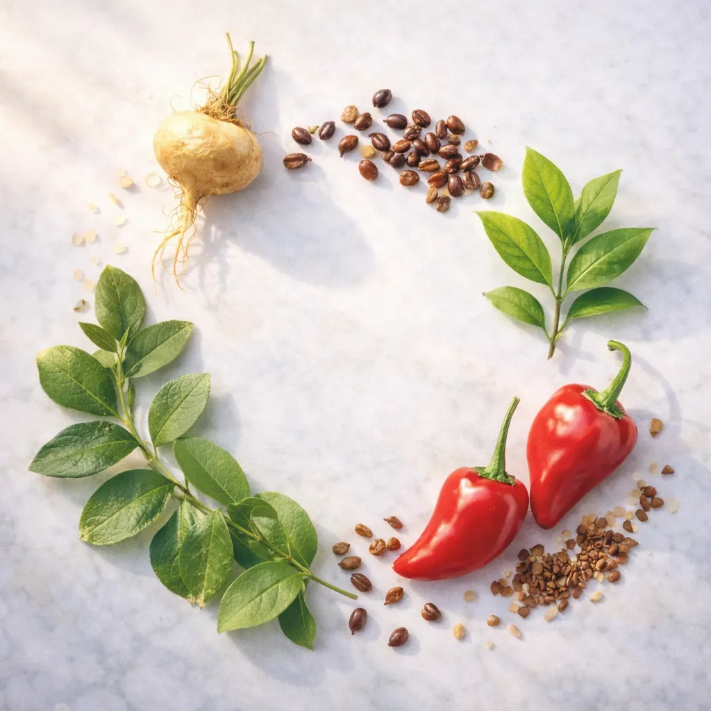 Natural Audifort ingredients: maca root, grape seeds, green tea leaves, capsicum, gymnema, arranged on white surface