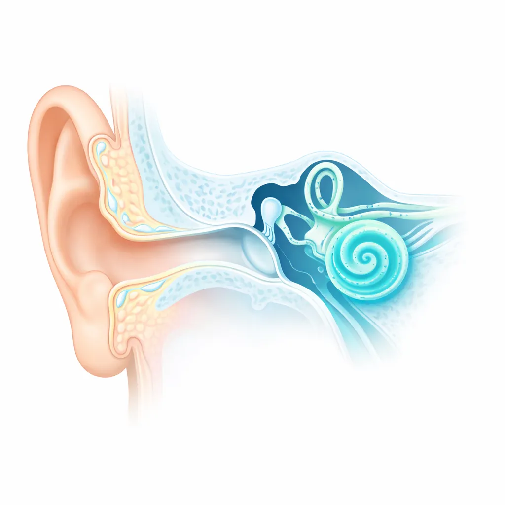 Medical illustration of human ear anatomy showing outer ear, middle ear, and inner ear with cochlea