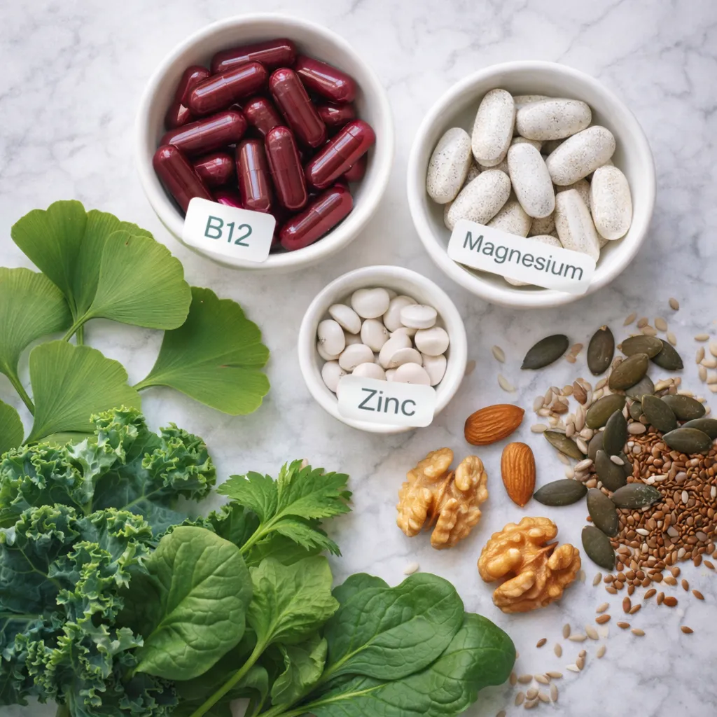 Flat lay of tinnitus-supporting supplements and natural sources: B12, magnesium, zinc, ginkgo biloba, leafy greens, nuts, and seeds