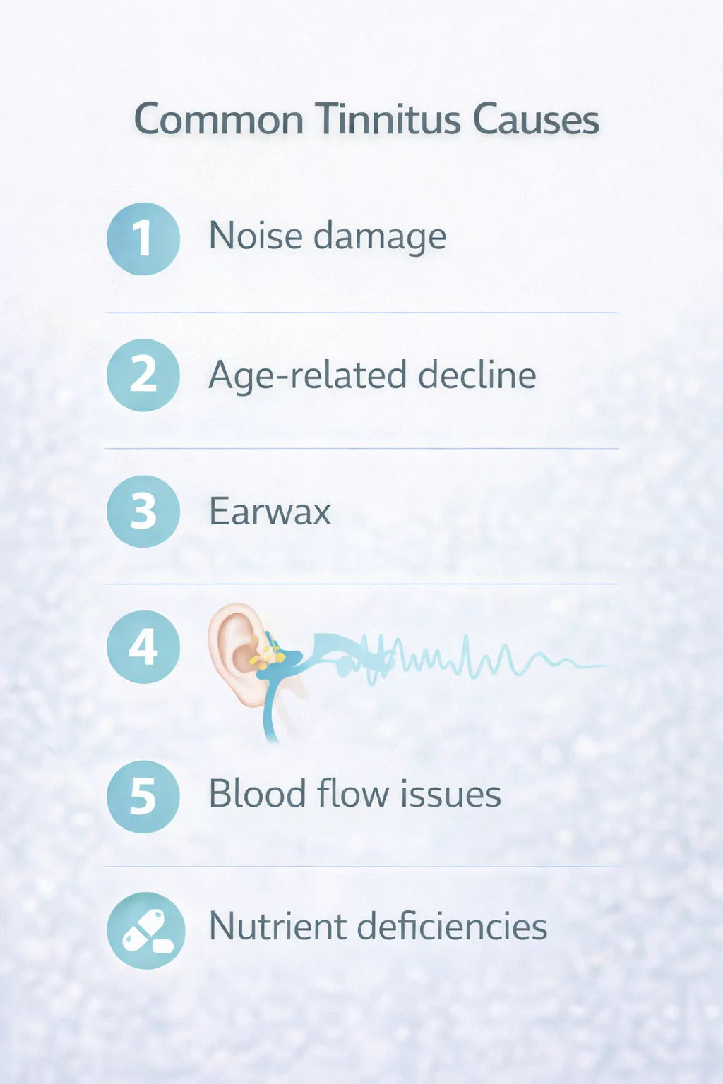Infographic showing 5 common tinnitus causes: noise damage, age-related decline, earwax buildup, circulation issues, and nutrient deficiencies