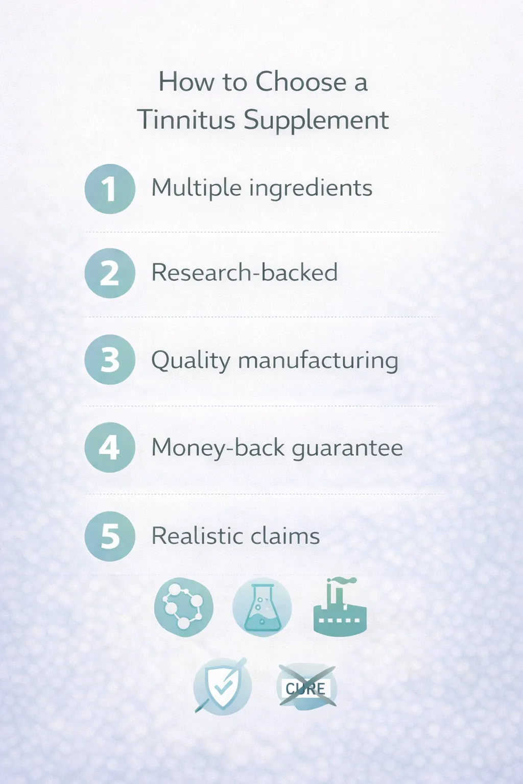 Infographic showing 5 criteria for choosing tinnitus supplements: multiple ingredients, science-backed nutrients, quality manufacturing, money-back guarantee, and realistic claims