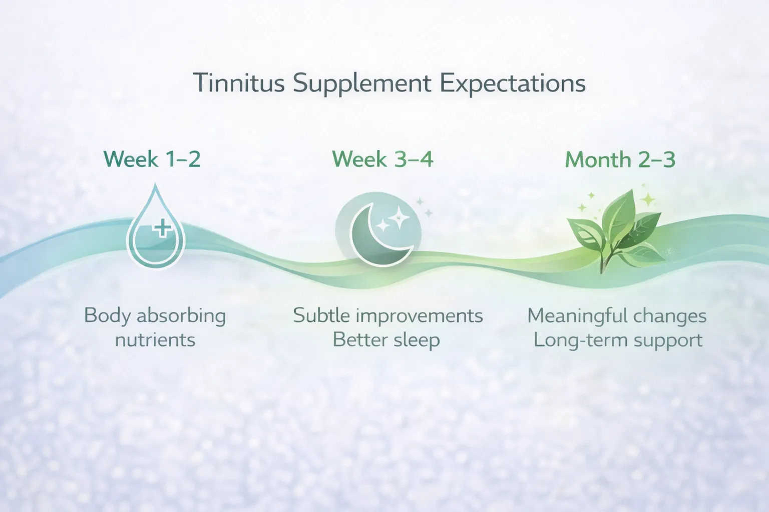 Results timeline: Week 1-2 body absorbing nutrients, Week 3-4 subtle improvements and better sleep, Month 2-3 meaningful changes in ear health